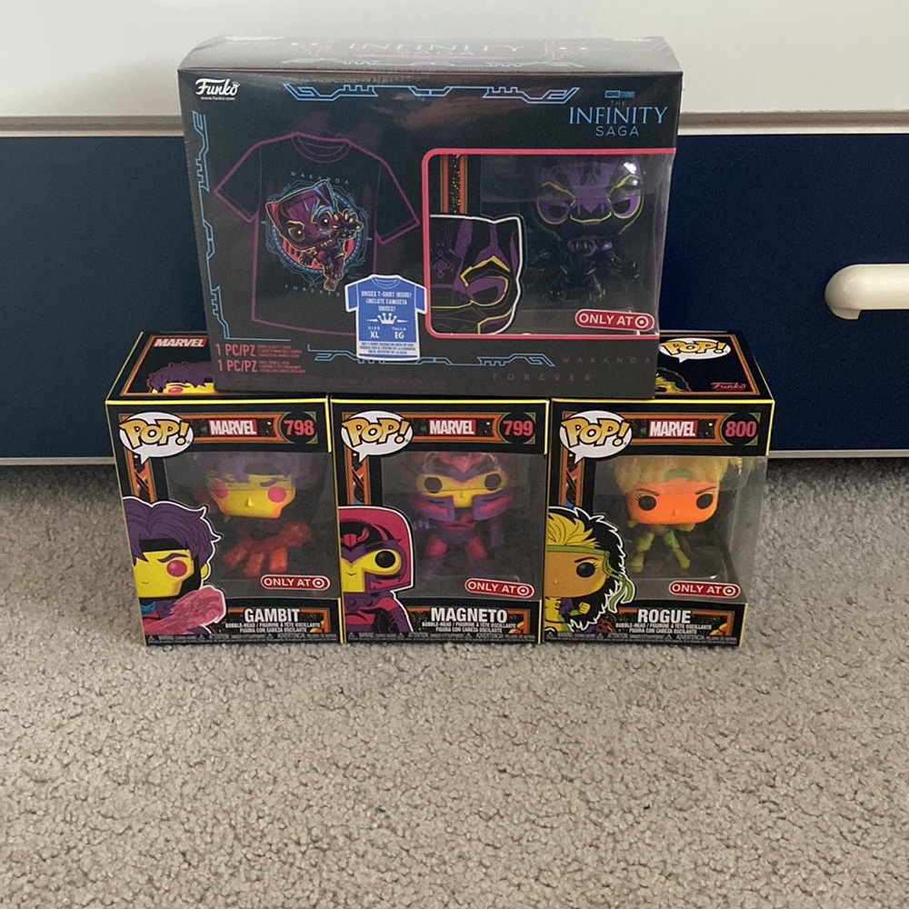Marvel Blacklight Gambit, Rogue, Magneto, + Black Panther Funko Pops with XL Tee